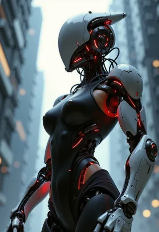 Faceless android with white-plated robotic arm featuring red wiring, wearing a black tank top, highlighted with dramatic red and black cybernetic elements, set against a blurred city background.