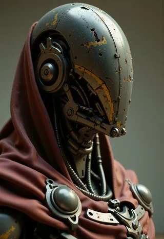 Hyperdetailed close-up of a faceless ancient android roman warrior wearing worn metallic armor and a brown fabric cloak, rendered with subtle 35mm film grain.