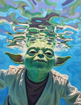 Painting of Yoda swimming underwater with his head above the water surface, showing vivid blue water and realistic reflections.