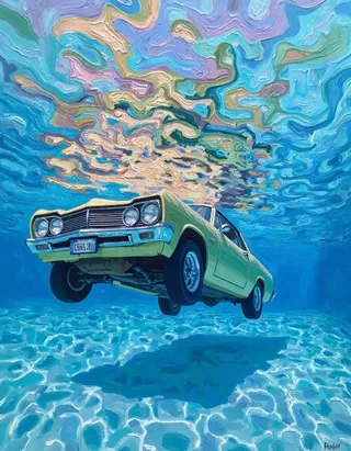 Oil painting of a green 1960s vintage car submerged underwater with vibrant light reflections and swirling water patterns above.