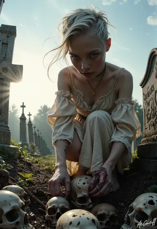 A young woman with pale skin and a torn cream sundress crouches in a graveyard at sunset, arranging skulls on the soil with a faint glow behind her.