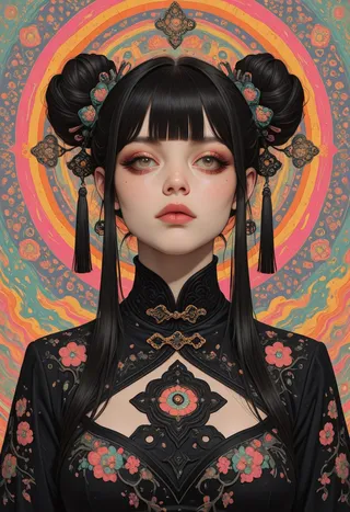 Portrait of a girl with black hair styled in double buns adorned with tassel hair ornaments, wearing a detailed floral embroidered black outfit, set against a colorful, surreal abstract background.
