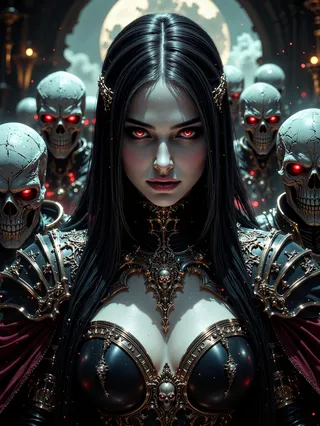 A hyper-realistic dark fantasy scene featuring a pale female necromancer with long black hair and glowing red eyes, standing before skeletal knights with red eyes, under a full moon and gothic archway.