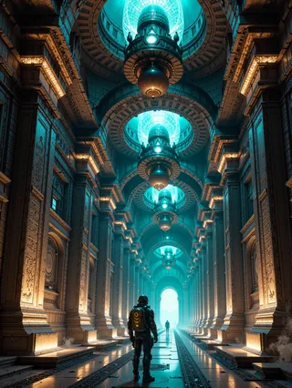 A vast extraterrestrial megastructure corridor illuminated by glowing data cubes, featuring ornate architecture and a lone futuristic astronaut exploring the space.