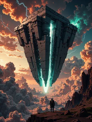 A colossal inverted floating pyramid with intricate alien architecture glows with blue light amid a dramatic stormy sky filled with lightning and towering clouds, while a lone figure stands on rocky terrain below.