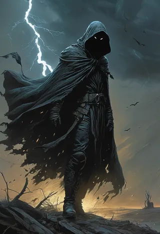 A dark hooded warrior with a tattered cloak billowing in the wind, standing in a stormy landscape with lightning and a tornado in the background. The warrior has a faceless shadow under the hood and glowing white eyes.