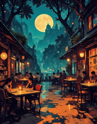 A moonlit outdoor café with people sitting at candlelit tables under trees, set against a mysterious cityscape silhouette with glowing windows and lanterns.
