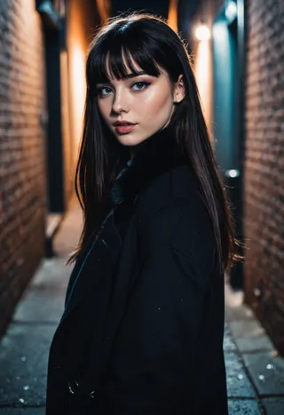 Portrait of a young woman with long black hair and bangs, wearing a black coat, standing in a dimly lit narrow alley at night, looking at the viewer with pale skin and freckles.