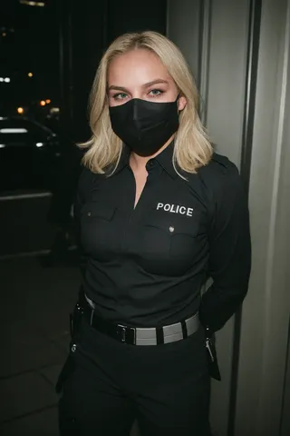 Blonde female police officer wearing a black uniform and matching black facemask standing on New York streets at night.