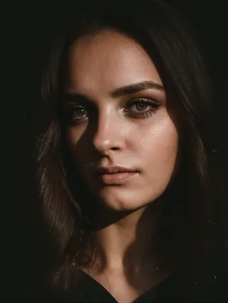 Close-up portrait of a pensive young brunette woman with detailed skin and sparkling eyes, half of her face concealed in shadow with side lighting on a dark background.
