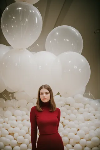 Fashion portrait of a young woman in a red turtleneck standing amidst a large installation of white balloons of various sizes.