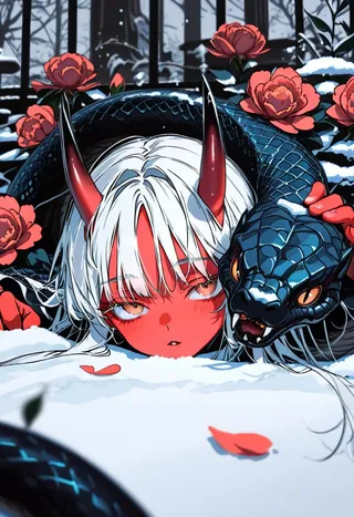Aka-Oni character with red skin and white hair lying in snow surrounded by red flowers, with a large black snake coiling around her, in a manhwa-style illustration.