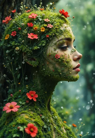 Hyper-realistic close-up of a female figure made of grass, moss, and red flowers, with detailed textures and vibrant natural elements.