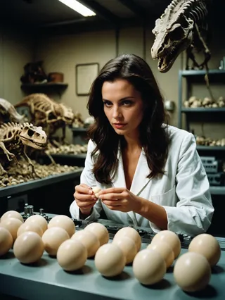 Brunette female scientist in white lab coat examines a dinosaur egg in a futuristic laboratory with terrifying dinosaur skeletons in the background, photographed with Cinestill 800T film.