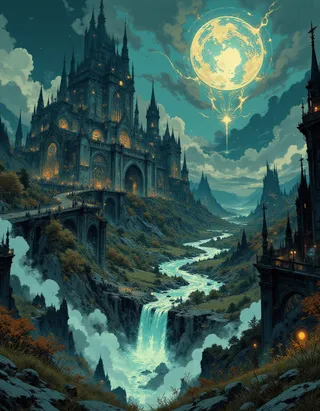 A vintage-style anime depiction of a grand gothic castle overlooking a winding river and waterfall under a glowing full moon in a fantasy nighttime landscape.