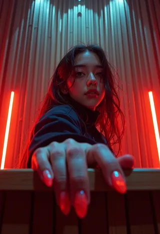 Close-up hyper-realistic portrait of a woman gripping a wooden podium with dramatic red and blue stage lighting, captured from a tilted Dutch angle.