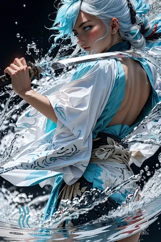 Close-up of a girl with floating blue hair holding a katana, wearing a blue patterned kimono, surrounded by splashing water against a black background.