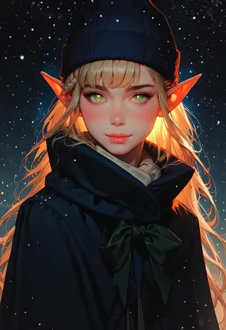 Portrait of a blonde elf girl with green eyes wearing a blue hat and dark winter coat, surrounded by snow and glowing warmly from behind.