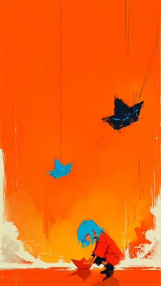 A stylized abstract artwork featuring a blue-haired girl crouching and holding a red paper boat, set against a vivid orange background with floating paper boats.