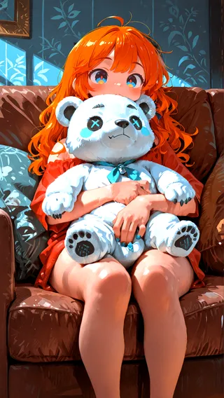 A girl with bright orange hair sitting on a brown couch hugging a large stuffed polar bear with blue tears and X eyes, illuminated by soft blue lighting, rendered in a lineart-free illustration style.