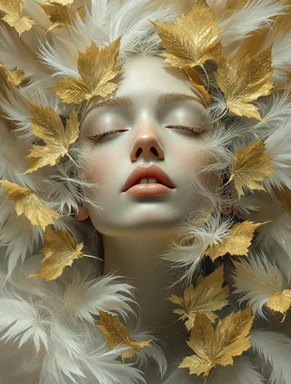 Close-up of an angelic humanoid face with closed eyes and serene expression surrounded by white feathers and golden autumn leaves with misty translucent skin texture