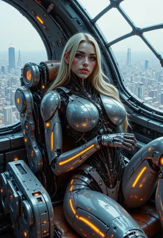 A high-fashion cybernetic woman with long blonde hair wearing a skintight flexible alloy suit with glowing orange seams, lounging in a luxury hover lounge with glass walls overlooking a futuristic tech metropolis.