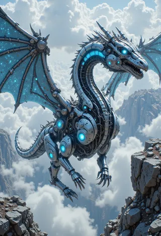 A colossal mechanical dragon flying between rocky cliffs with metallic scales and blue energy glowing on its wings, rendered in a photorealistic sci-fi style.