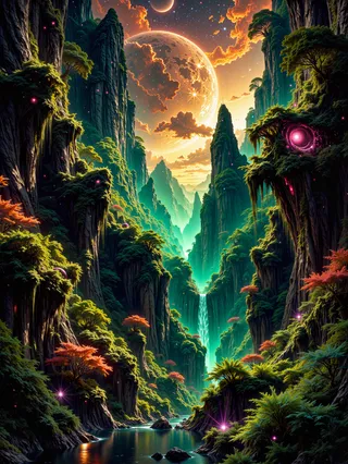 A stunning alien jungle valley at twilight, featuring towering cliffs covered in bioluminescent plants, a winding stream, distant waterfall, and a vibrant galactic sky with moons.