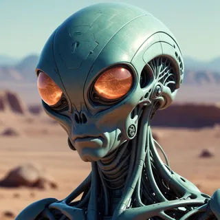 Close-up view of a humanoid extraterrestrial alien with robotic features and large glowing orange eyes, set against a desert landscape with blurred mountains.