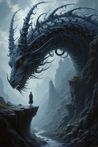 A dark, ominous dragon with intricate, spiked textures looms over a lone figure standing on the edge of a rocky cliff, surrounded by a misty, dramatic landscape viewed from a low-angle perspective.