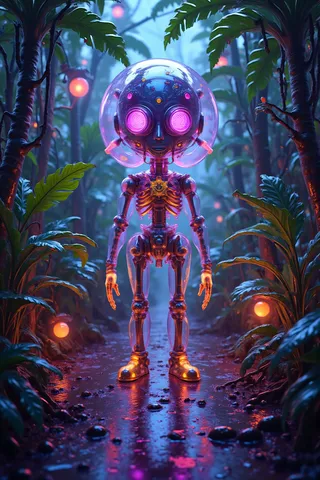 A vibrant translucent colorful robot with glowing purple eyes stands on a wet jungle path illuminated by warm neon lights, surrounded by lush green tropical plants and reflective puddles at dusk.
