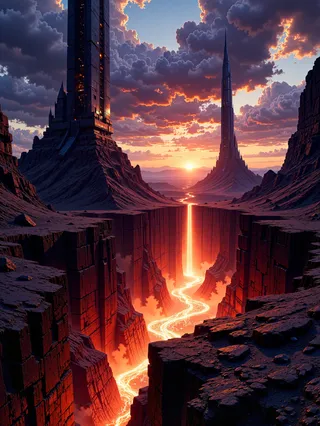 A dramatic volcanic landscape at sunset featuring two colossal, jagged spires beside a glowing river of molten lava flowing through a narrow canyon under a vivid sky with swirling clouds.