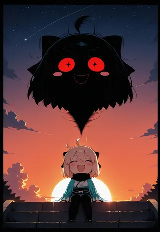 Chibi-style girl wearing a kimono and scarf smiles sitting on stone steps under a vibrant sunset with a large dark silhouette with glowing red eyes above her.