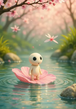 A tiny kodama standing carefully on a floating pink cherry blossom petal drifting down a clear gentle stream surrounded by overhanging blossoming branches and dragonflies in soft golden sunlight.