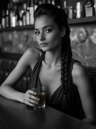 Monochrome photo of a young woman with a sophisticated braided hairdo sitting at a bar table, wearing a slinky cocktail dress and holding a tumbler of whiskey.
