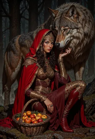 A woman in a detailed red cloak and gold armor sits in a dark forest beside a large gray wolf, holding a basket of apples.