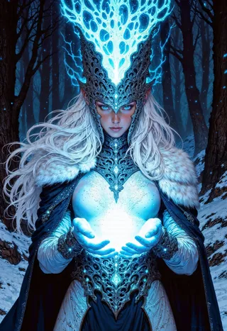 A female sorceress with long white hair wearing ornate blue and silver armor and a glowing crown, conjuring bright blue magical energy in a snowy forest.