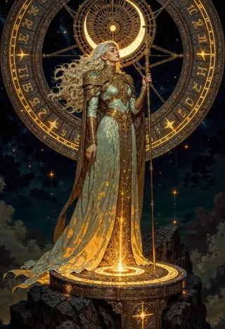A celestial witch with long silver hair stands on an ancient stone platform covered in glowing runes, holding a staff topped with a crescent moon, beneath a large golden astrological clock under a starry night sky.