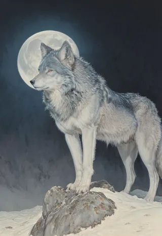 Hyper-realistic image of a solitary wolf with thick silver-gray fur standing on a rocky outcrop under a full moon, overlooking the snowy tundra at night.