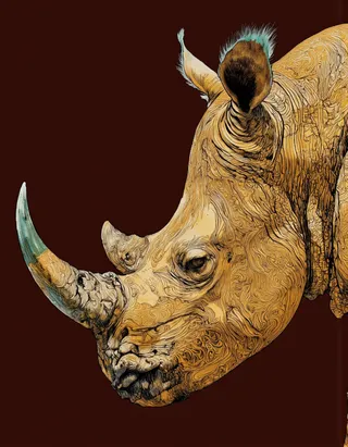 Detailed digital illustration of a rhinoceros head rendered in golden intricate patterns with a teal-green horn, set against a dark brown background.