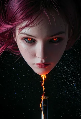 Close-up of a space spirit girl with magenta hair and glowing orange third eye, fiery flame body and dark starry space background