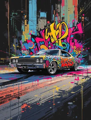 Vintage 1960s muscle car covered in colorful graffiti art, blending retro nostalgia with digital pixel block effects on a dynamic urban street background.