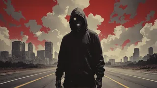 A dark hooded figure with glowing eyes stands on an empty highway under a crimson sky with stylized clouds and a distorted cityscape in the background.