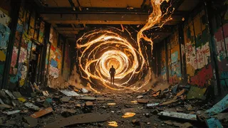 A lone figure stands before a swirling fiery vortex inside an abandoned building with graffiti-covered, crumbling walls and debris strewn across the floor.