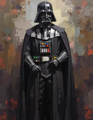 An oil painting of Darth Vader standing in a powerful pose, with dark tones and delicate highlights accentuating his helmet and flowing cape.