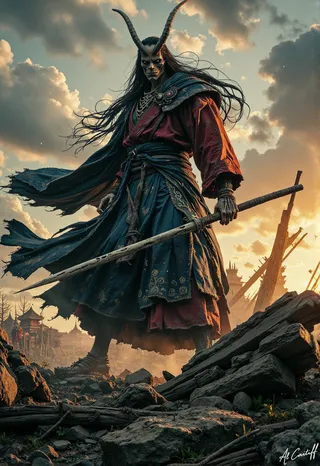 A towering demonic warrior with a skeletal face and curved horns, dressed in a crimson hakama and dark indigo kimono with silver embroidery, holding a worn naginata, stands amid ancient ruins under a dramatic sunset sky.