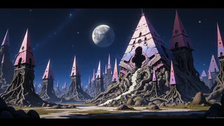 A surreal pyramid city with towering structures fused from organic roots and metallic forms, floating under a starry night sky with a large moon in space.