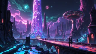 A vibrant alien city with glowing bioluminescent towers and shimmering streets of liquid light under a starry nebula sky with twin moons and hovering crystal formations.
