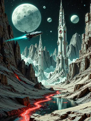 A hyper-realistic scene of an extraterrestrial valley with towering alien white stone structures, a glowing red molten lava river, and a sleek spacecraft flying under a moonlit sky filled with planets.