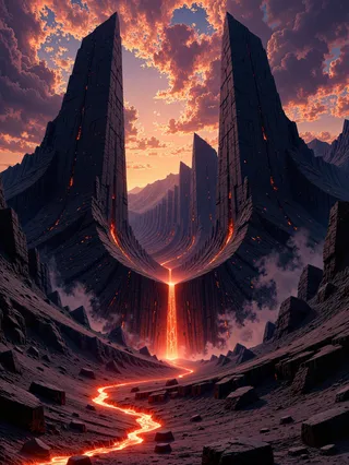 A dramatic alien volcanic landscape at sunset featuring towering obsidian spires flanking a molten lava river flowing through rugged volcanic terrain under a vivid purple and orange sky.